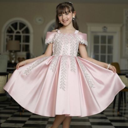 صورة فستان بناتي بلونين مطرز بأكتاف | فستان سهرة للأفراح - M3624